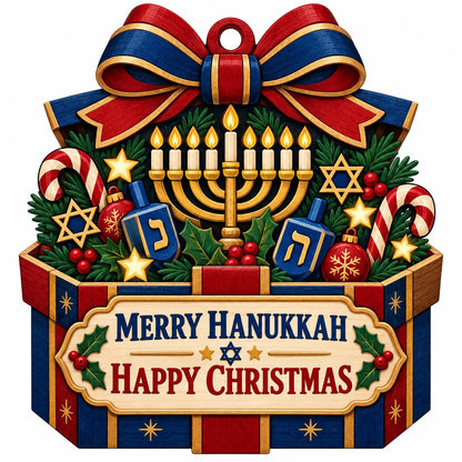 Gift box-shaped wood ornament with menorah, dreidels, candy canes, holly, stars, and Merry Hanukkah Happy Christmas text