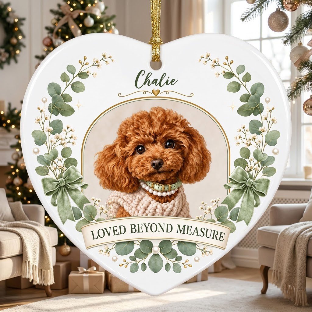 Heart ceramic ornament with dog photo in gold frame, eucalyptus wreath, green bows and 'LOVED BEYOND MEASURE' text