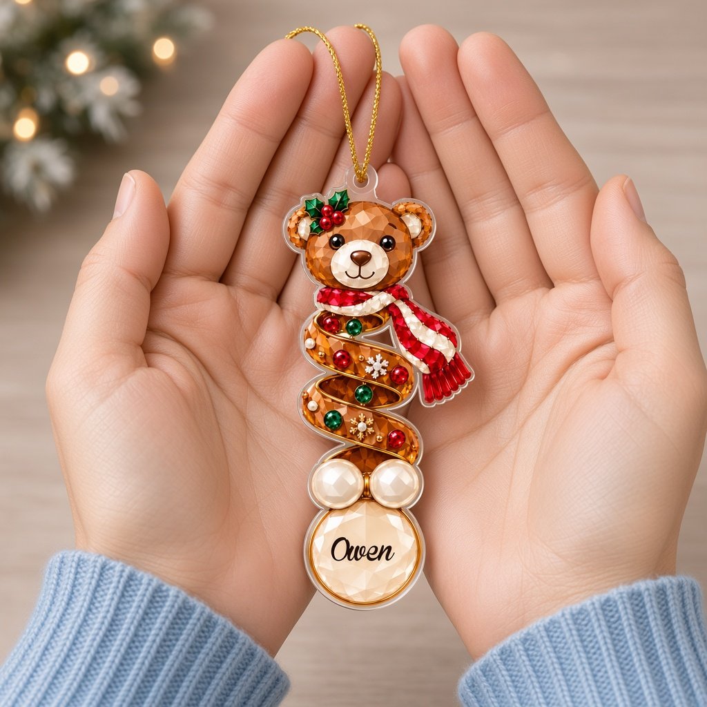 Clear acrylic ornament with a teddy bear or penguin in gem-detailed spiral style, personalized with names.