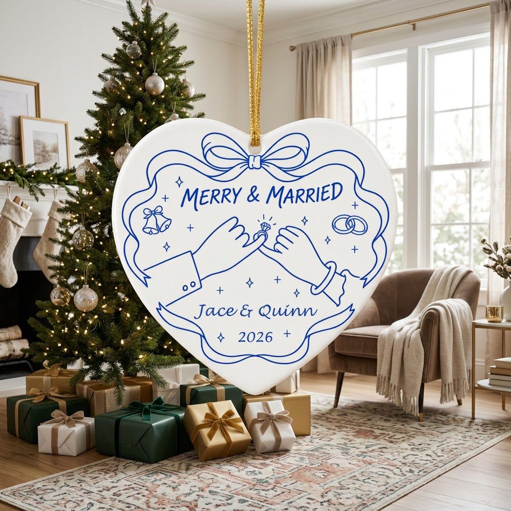 White heart ceramic ornament with blue line art: pinky promise hands, bells, rings, and MERRY & MARRIED text.
