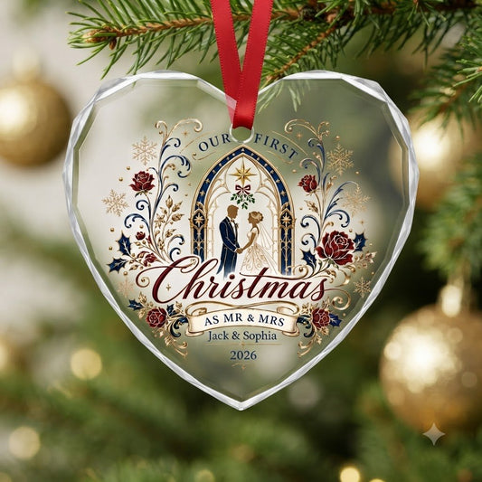 Personalized Our First Christmas as Mr & Mrs Wedding Heart Glass Ornament