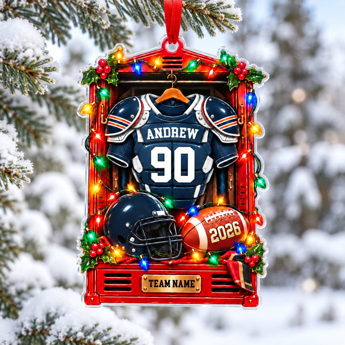 A red sports locker ornament with a football jersey, helmet, ball, holly, and Christmas lights on a custom-cut acrylic s