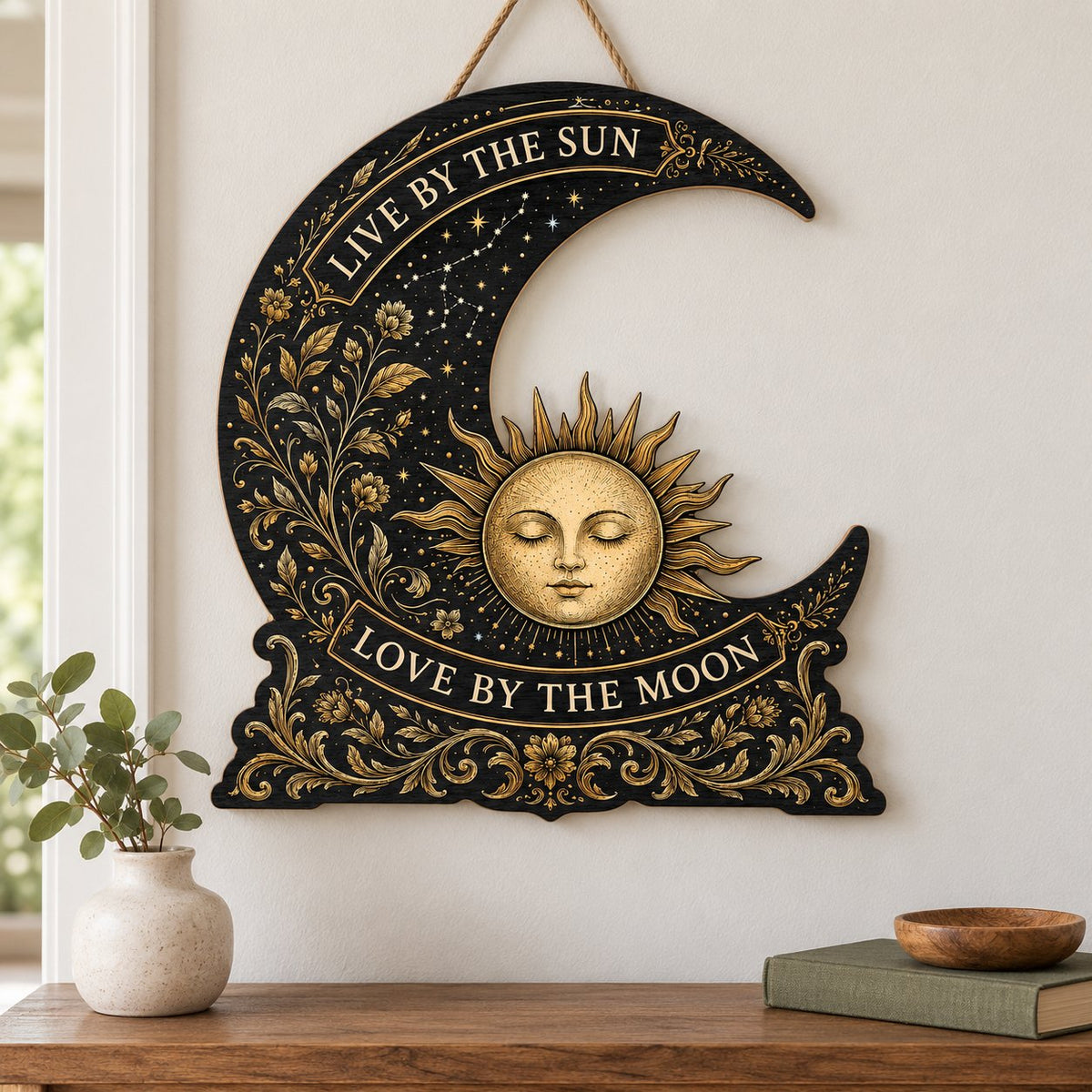 Crescent moon and sleeping sun wooden sign with gold constellations and words Live by the Sun, Love by the Moon.