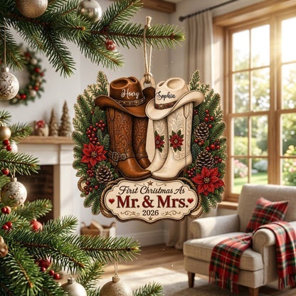 Personalized Western Cowboy Boots First Christmas as Mr & Mrs Wooden Ornament