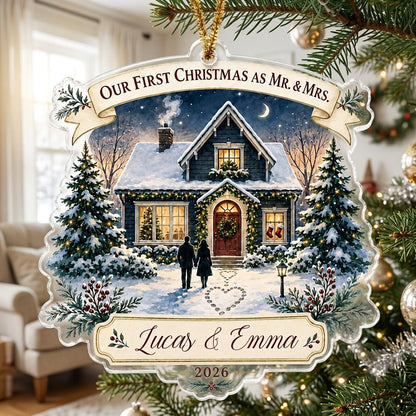 Personalized Our First Christmas as Mr & Mrs Cozy House Acrylic Ornament, Custom Newlywed First Home Keepsake