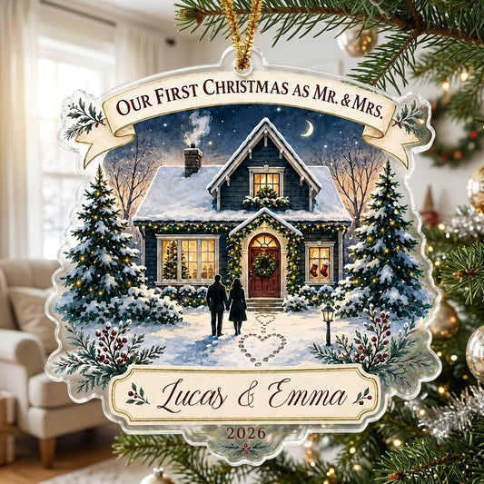 Personalized Our First Christmas as Mr & Mrs Cozy House Acrylic Ornament, Custom Newlywed First Home Keepsake