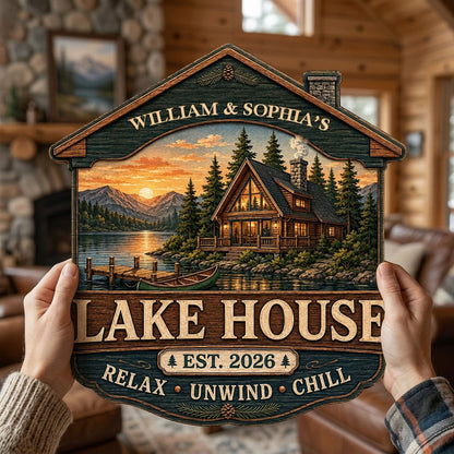 Personalized Lake House Cabin Roof Sunset Wooden Hanging Sign