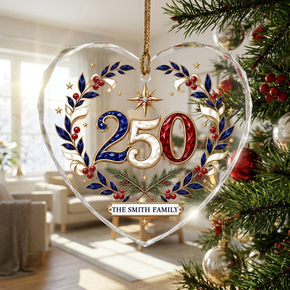 Personalized 250th Anniversary Patriotic Wreath Heart Glass Ornament