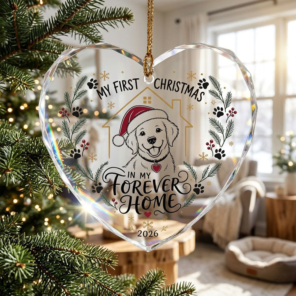 My First Christmas in My Forever Home Puppy Dog Heart Glass Ornament