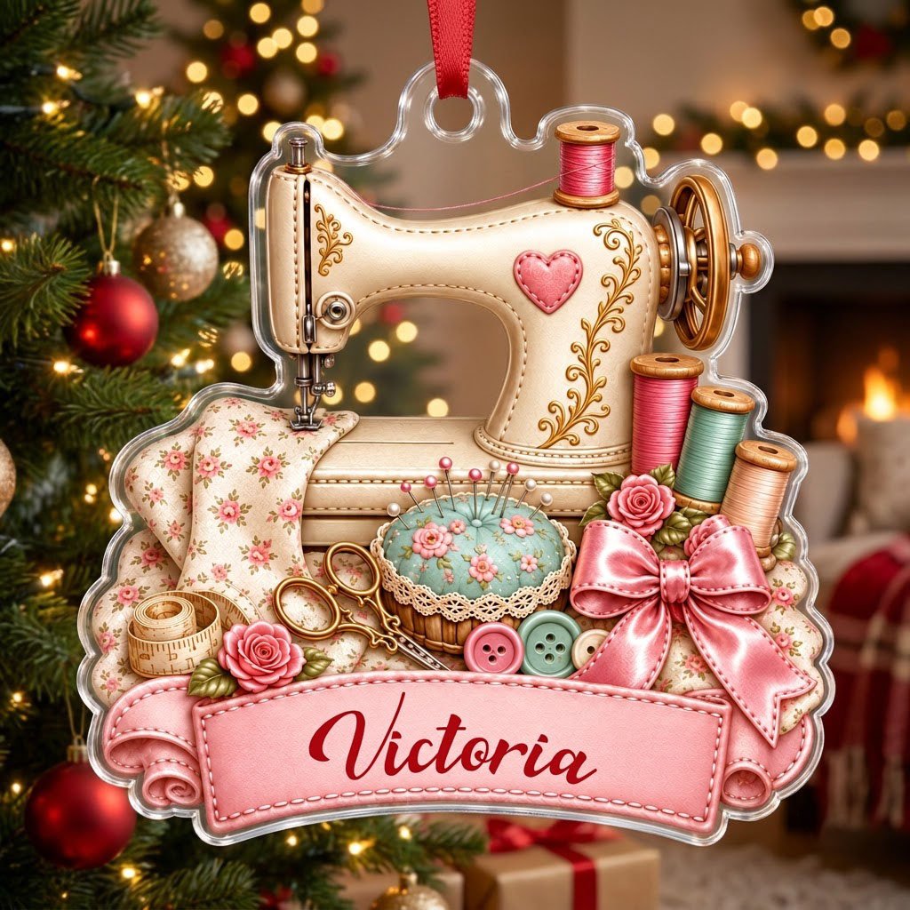 Custom-cut acrylic ornament with vintage cream sewing machine, pink banner, roses, thread spools and scissors.