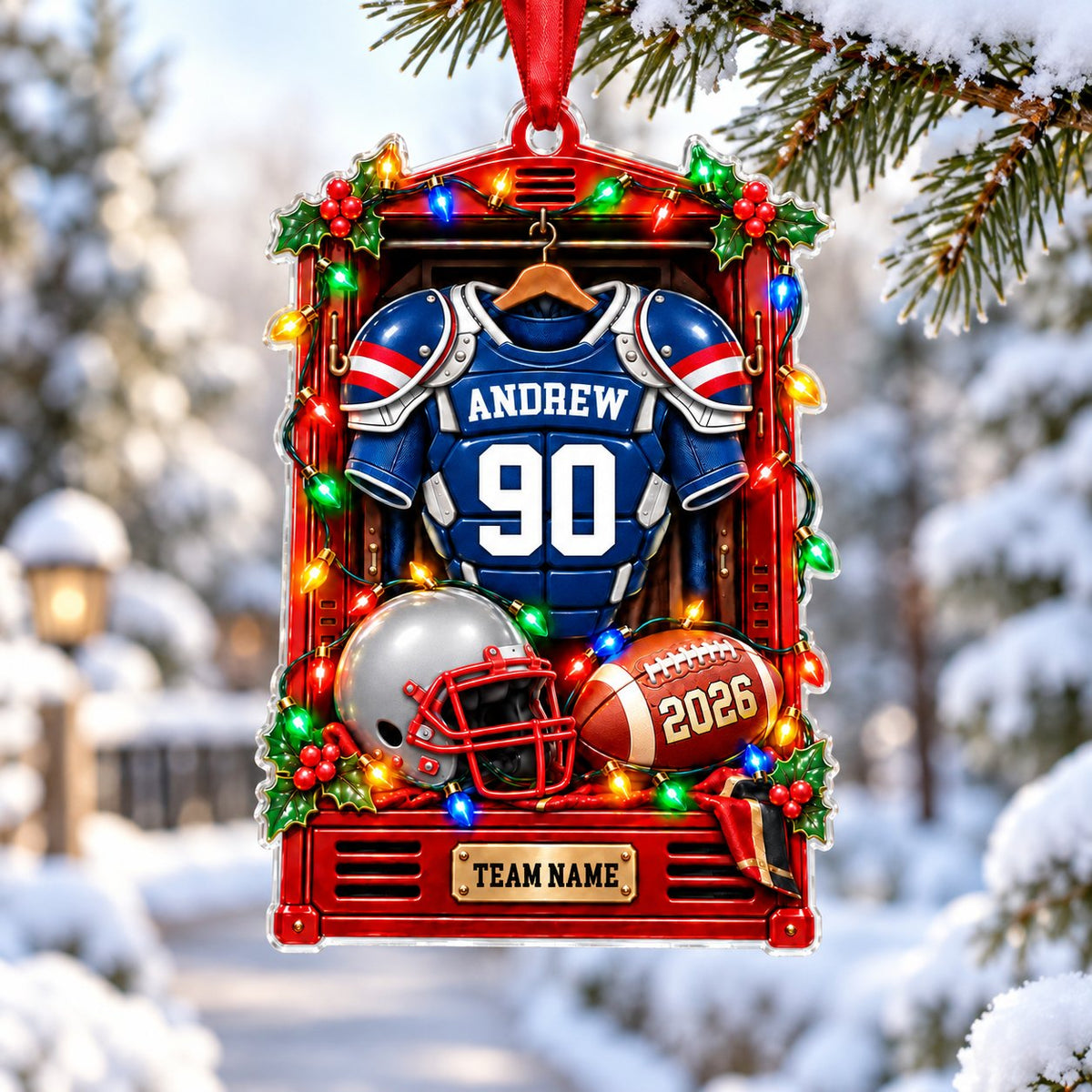 Acrylic ornament shaped like a football locker with jersey, helmet, football, lights and holly, personalized for a playe