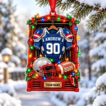 Acrylic ornament shaped like a football locker with jersey, helmet, football, lights and holly, personalized for a playe