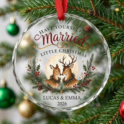 Personalized Have Yourself A Married Little Christmas Deer Round Glass Ornament