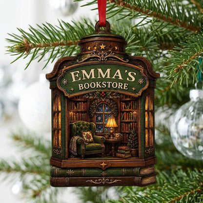 Custom-cut wood ornament like a vintage bookstore with a cozy library scene and a green BOOKSTORE sign.