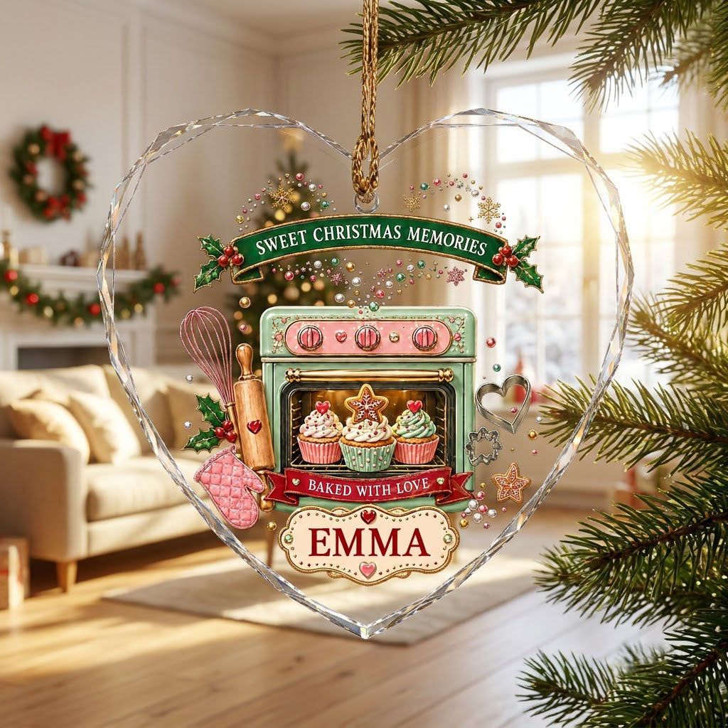 Heart suncatcher with mint-green oven, cupcakes, baking tools, holly, and Sweet Christmas Memories text