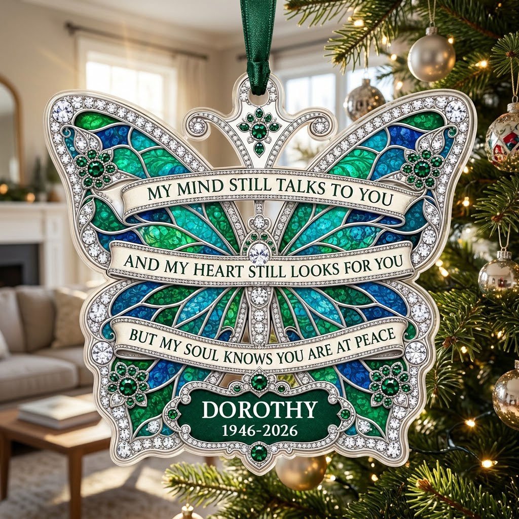 Personalized Emerald Jeweled Butterfly Memorial Acrylic Ornament