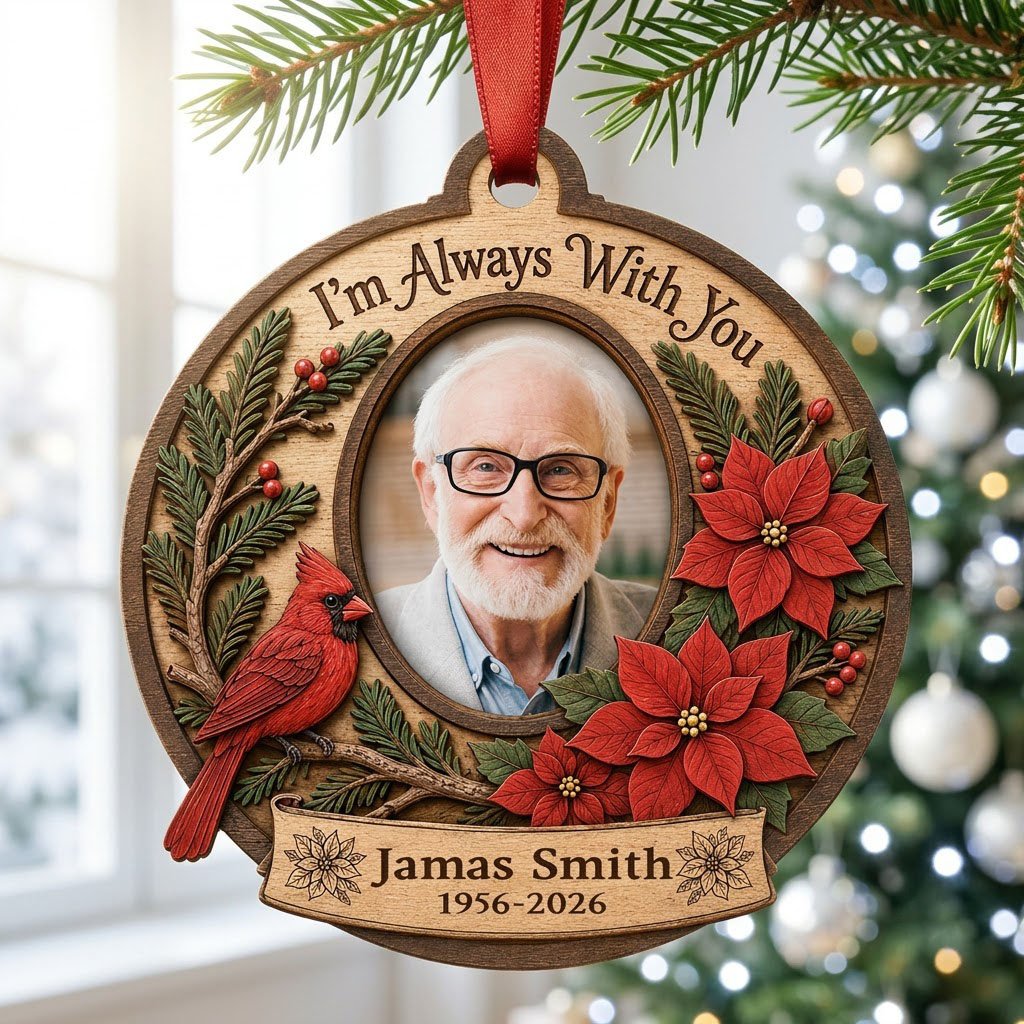 Bauble-shaped wood ornament with oval photo frame, red cardinal, pine, berries, and poinsettias with ribbon banner