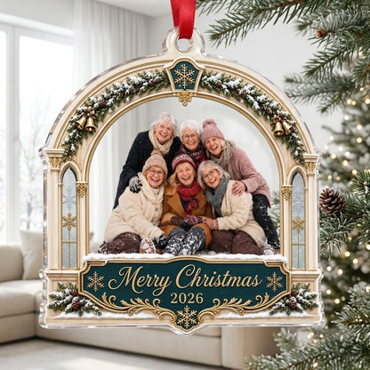 Arch acrylic ornament with pine, gold bells, Merry Christmas text, plus a photo and year on a green banner.