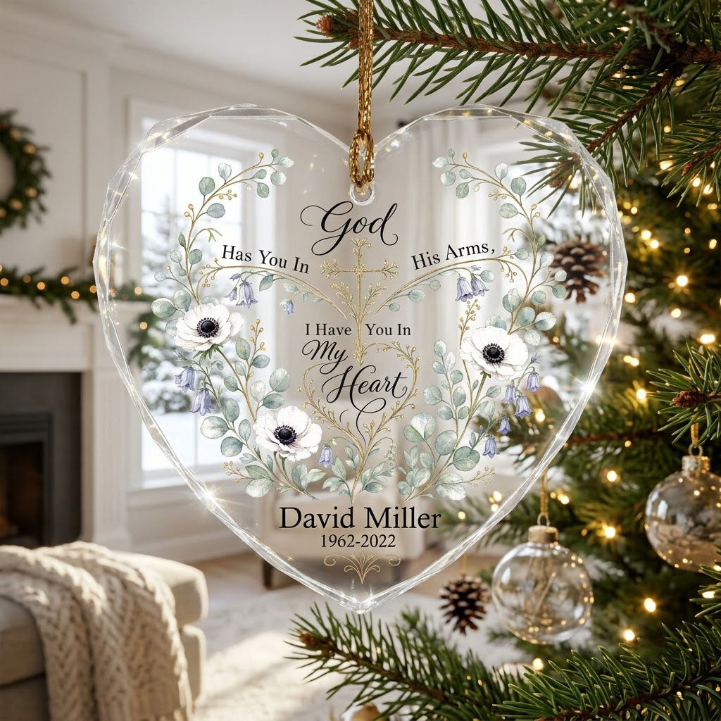 Personalized Botanical Cross Memorial God Has You In His Arms Heart Glass Ornament