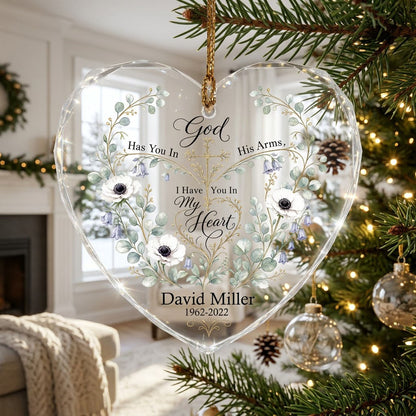 Personalized Botanical Cross Memorial God Has You In His Arms Heart Glass Ornament