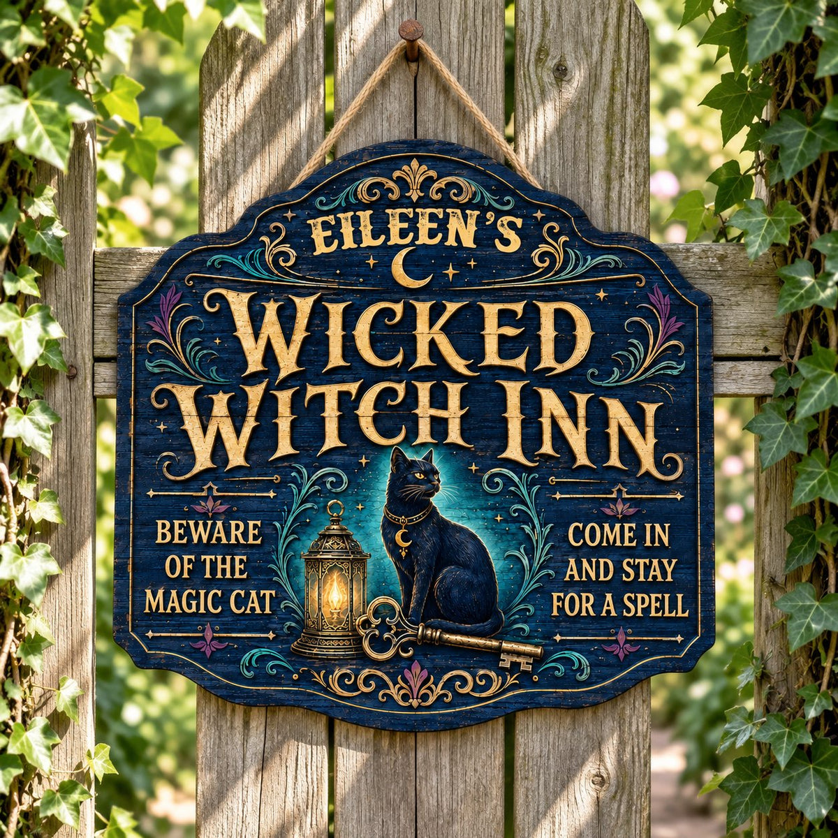 Custom-cut wooden sign with black cat, glowing lantern, golden key, crescent moons, stars, and Wicked Witch Inn text
