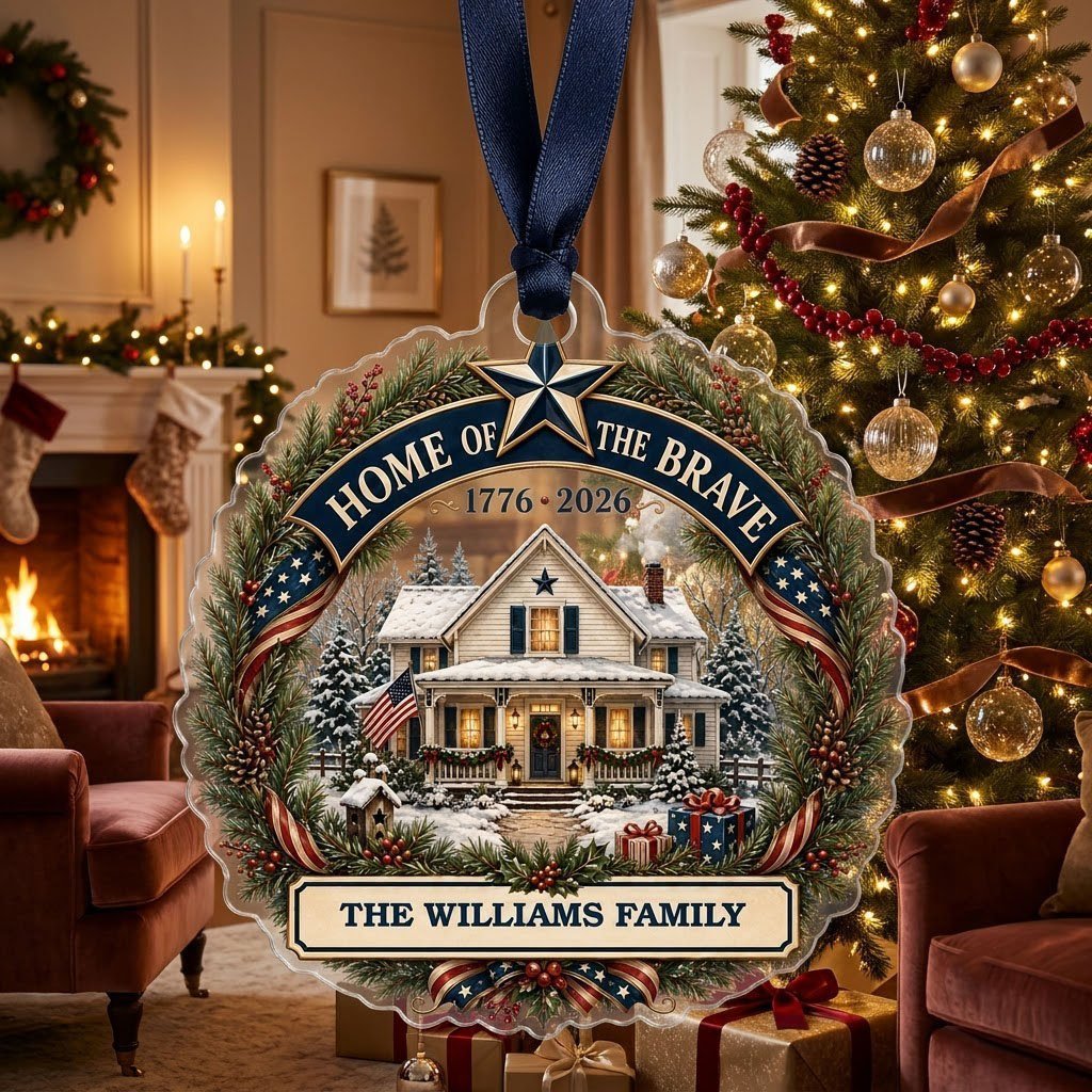 Personalized America 250th Home of the Brave Acrylic Ornament, Custom Patriotic Holiday Keepsake