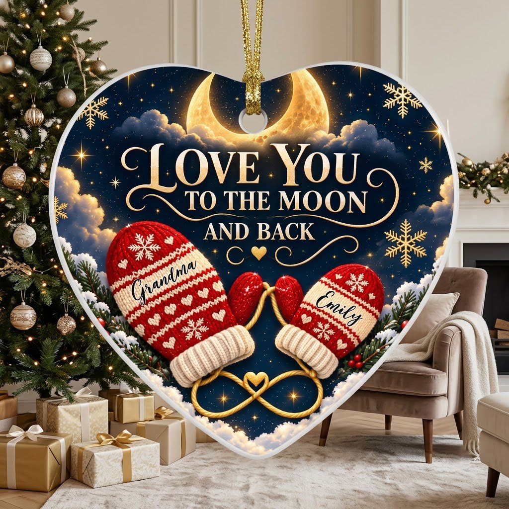 Heart ceramic ornament with golden crescent moon, red mittens, snowflakes and pine, personalized with two names.