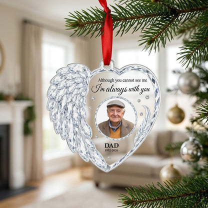 Clear acrylic heart ornament with crystal wing on the left, diamond accents, and a central circular photo frame.