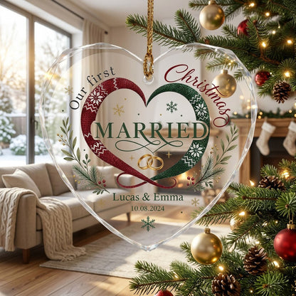 Personalized Our First Christmas Married Scarf Heart Glass Ornament
