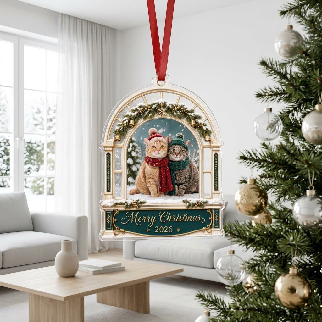 Arched window acrylic ornament with pine garland, gold bells, two cats in winter hats and scarves, and a green banner fo