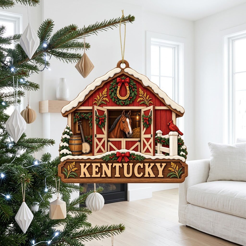 Snow-topped red barn ornament with brown horse, horseshoe wreath, wheat, and “KENTUCKY” text on a barn silhouette.