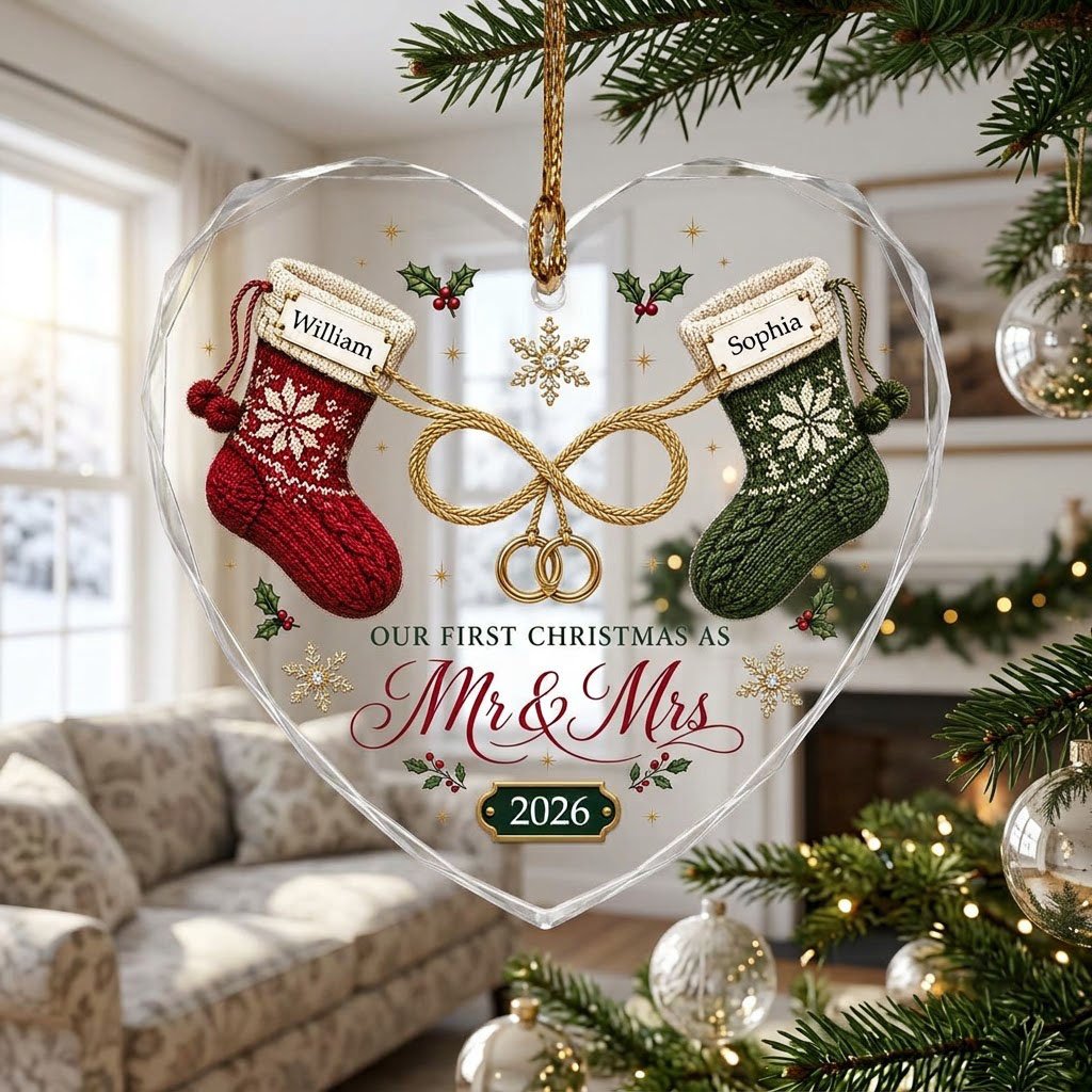 Heart glass ornament with red and green knit stockings, gold infinity loop with rings, Mr & Mrs text, names and date.