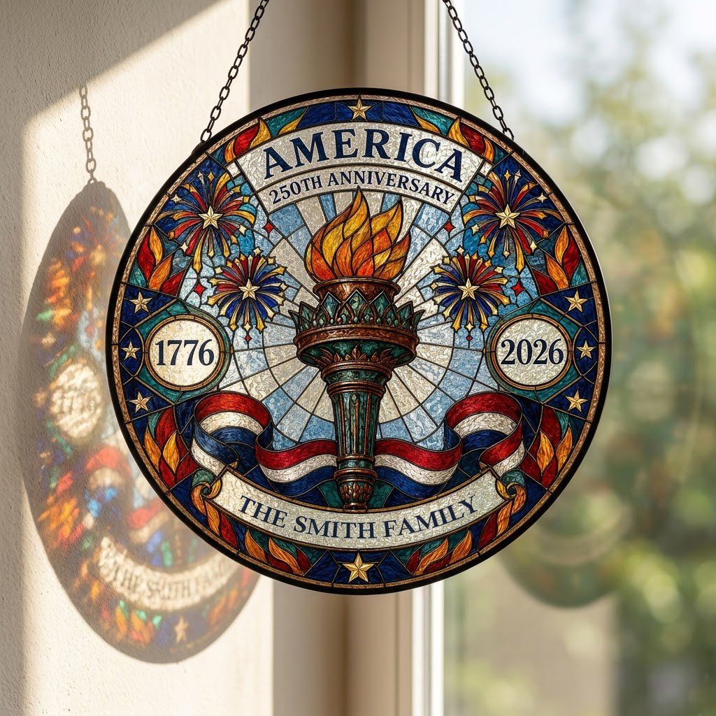 Round stained glass suncatcher with a central torch, fireworks, stars, and a red, white and blue ribbon.