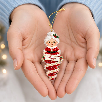 Custom-cut acrylic ornament with polar bear or Mrs. Claus atop a jeweled spiral ribbon and a name scroll banner.