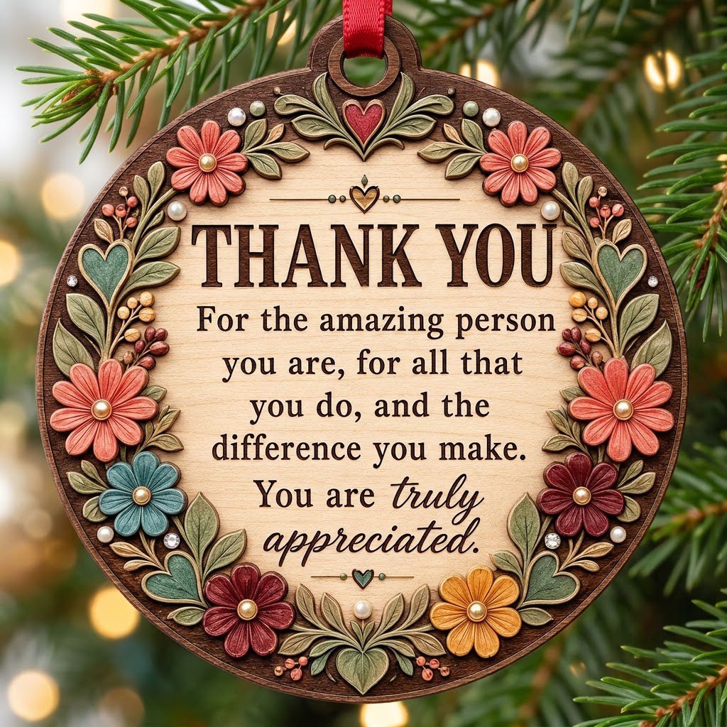 Round wood ornament with carved-look floral border and THANK YOU appreciation message in the center.
