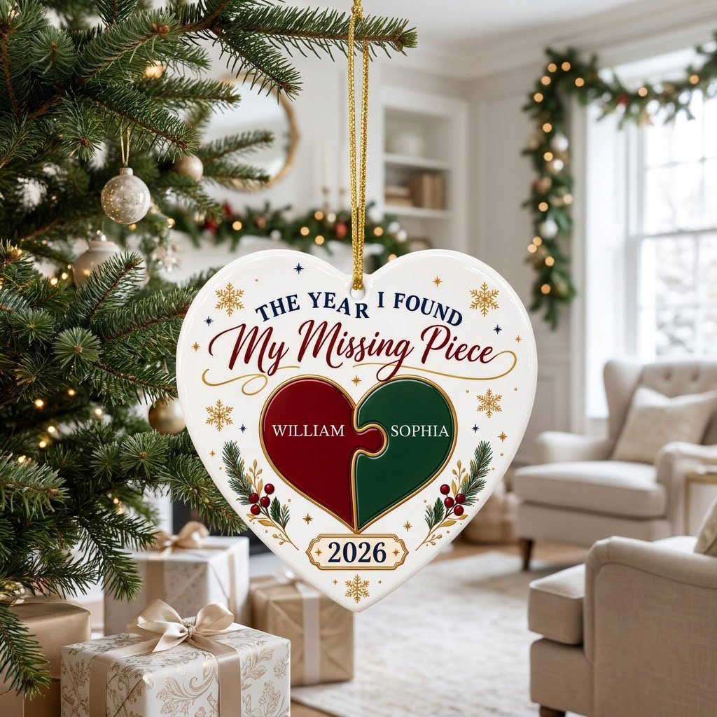 Heart ceramic ornament with red and green interlocking puzzle heart, gold snowflakes and stars, pine sprigs, and custom 