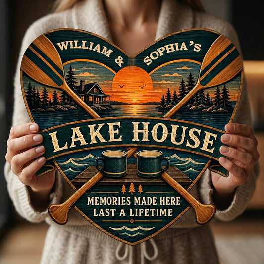 Personalized Lake House Heart Paddles Sunset Wooden Hanging Sign