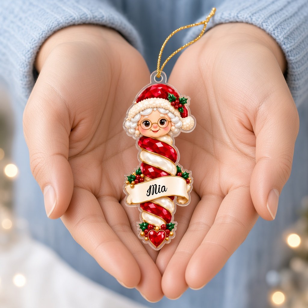 Custom-cut clear acrylic ornaments: a Christmas tree finial and a Mrs. Claus finial with cream name banners.