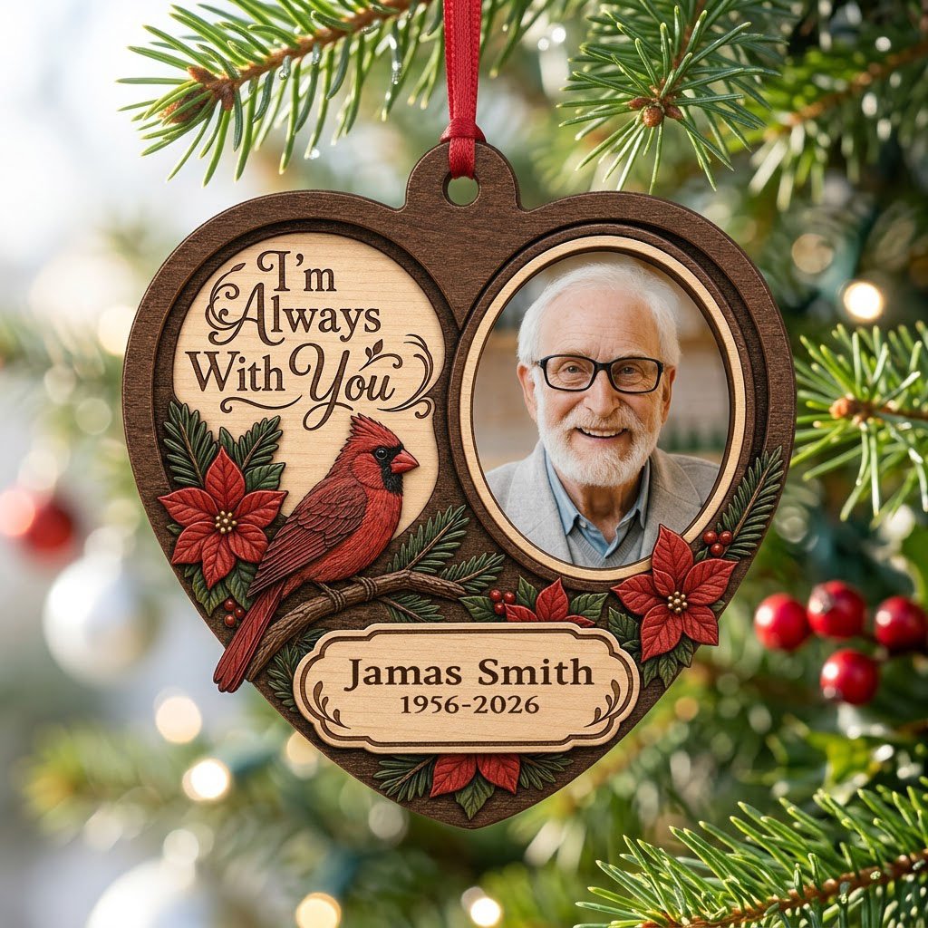 Heart-shaped wood ornament with red cardinal, poinsettias, a right-side photo frame, and 'I'm Always With You' text.