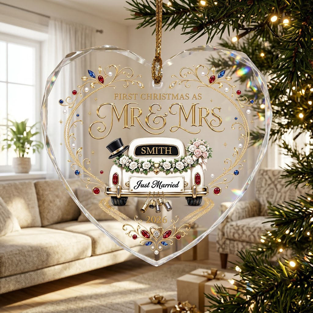 Personalized First Christmas as Mr & Mrs Vintage Getaway Car Heart Glass Ornament