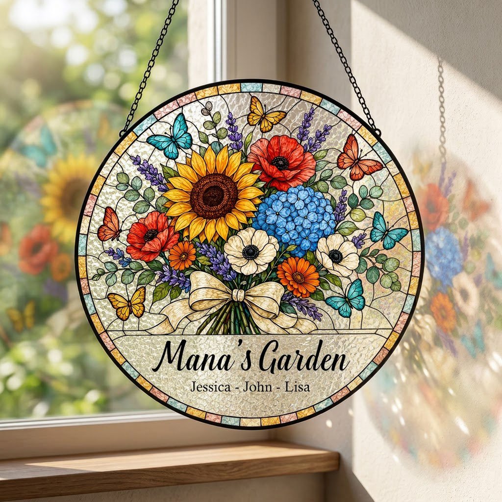 Round stained-glass style suncatcher with floral bouquet, butterflies, and 'Mana's Garden' with names.