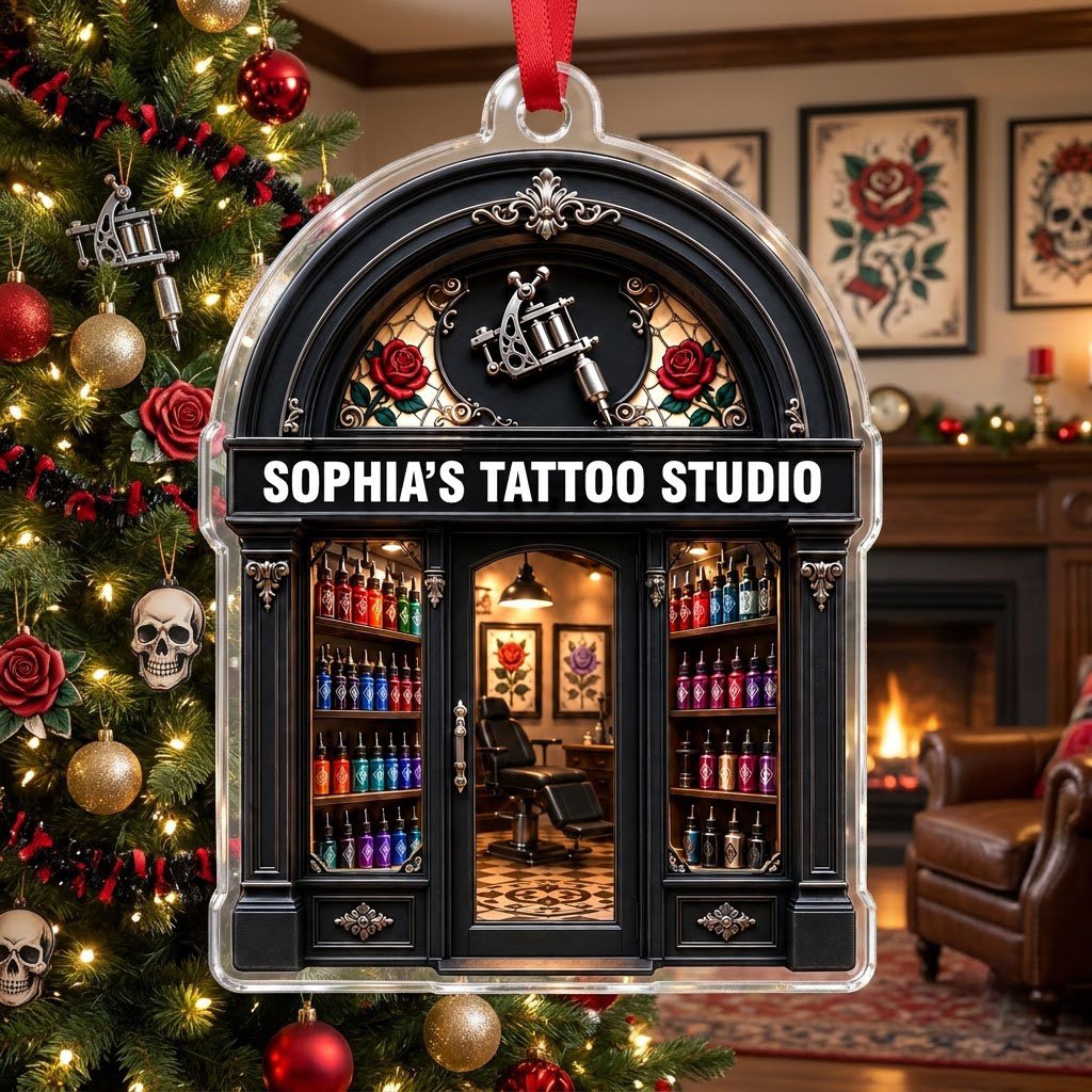 Arched black storefront tattoo ornament with silver machine, stained-glass roses, ink bottles, and a 'TATTOO STUDIO' sig