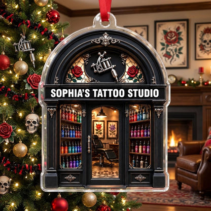 Arched black storefront tattoo ornament with silver machine, stained-glass roses, ink bottles, and a 'TATTOO STUDIO' sig