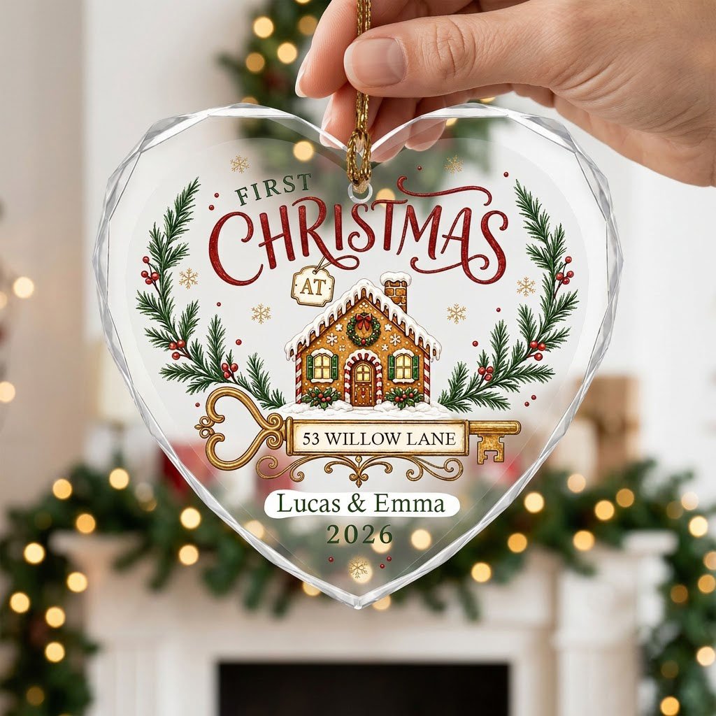 Personalized First Christmas at New Home Gingerbread Key Heart Glass Ornament