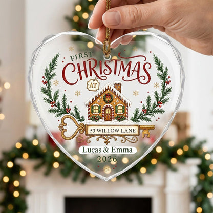 Personalized First Christmas at New Home Gingerbread Key Heart Glass Ornament