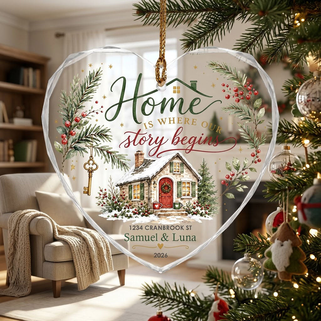 Personalized Home Is Where Our Story Begins Cottage Heart Glass Ornament