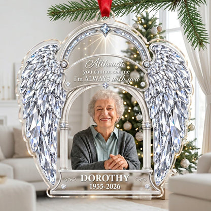 Acrylic memorial ornament with crystal angel wings, arched photo frame and wood-grain name and date banners.