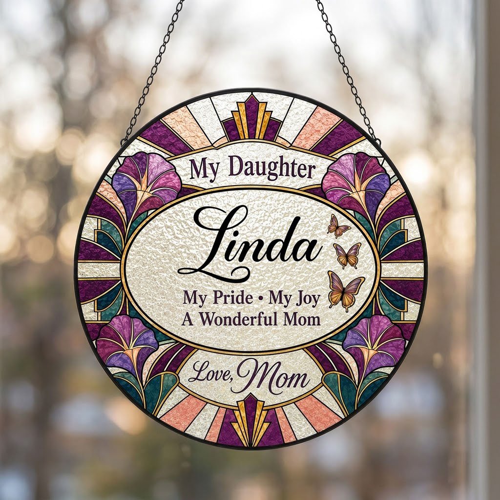 Round stained-glass style suncatcher with purple flowers, butterflies, and 'My Daughter' text.