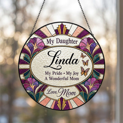 Round stained-glass style suncatcher with purple flowers, butterflies, and 'My Daughter' text.
