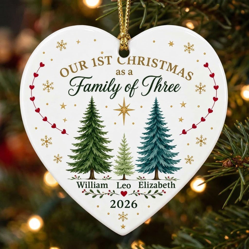 Our 1st Christmas As A Family Of Three Pine Trees - Personalized Heart Ceramic Ornament (Printed On Both Sides)